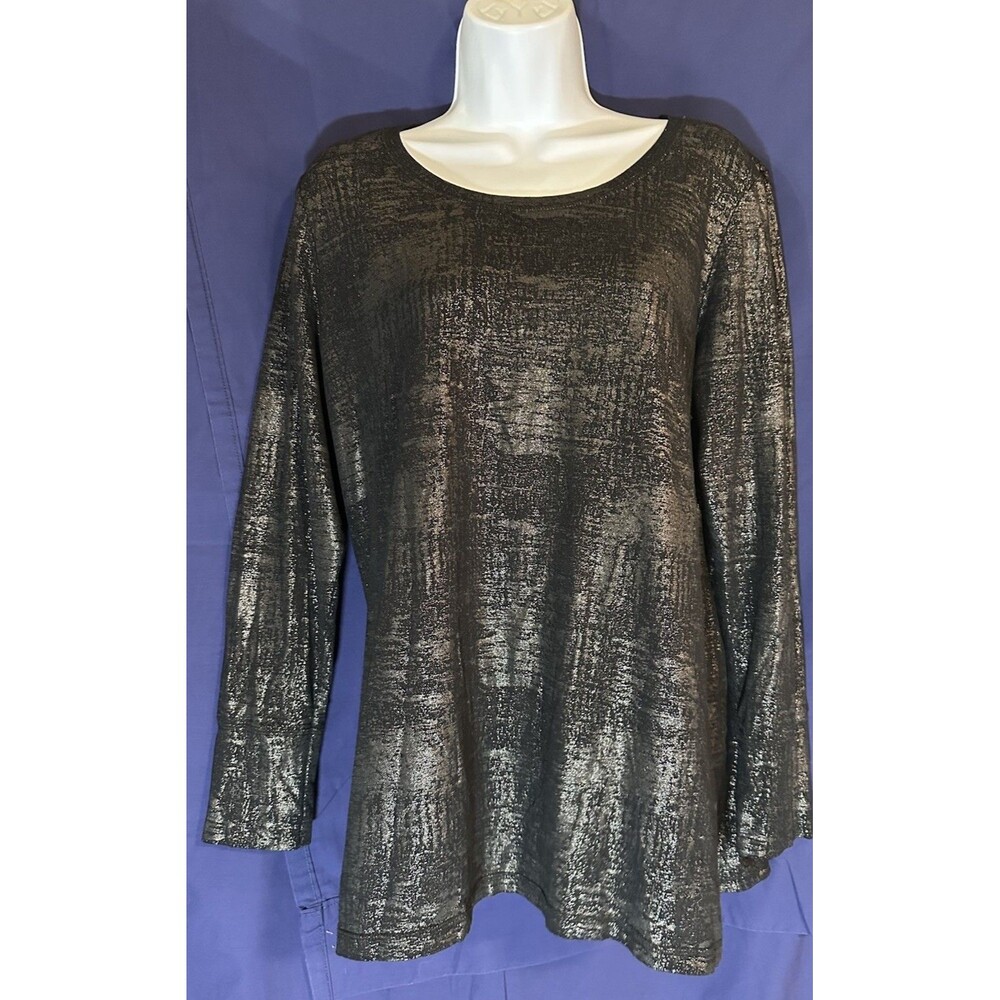 A.N.A. Black Gold Metallic Long Sleeve Tunic Top Size XL